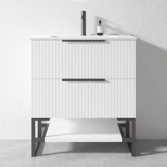 3D-2W 750x450x850mm White Floor Standing Plywood Vanity with Stainless Black Frame Leg And Shelf